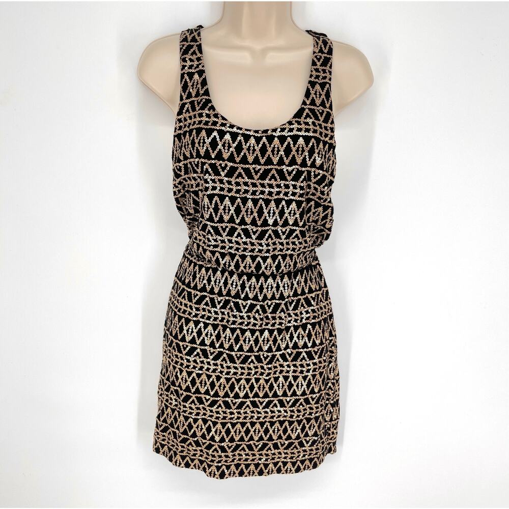 Dolce Vita Black Gold Sequin Dress Sz M Sleeveless Scoop Neck Lined Sparkle Glam